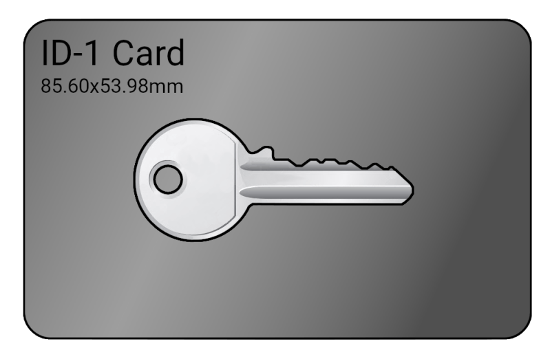An illustration of a key sitting on an ID card. The key is light grey and the ID card is a darker grey gradient. The ID card says ID-1 Card 85.60 by 53.98 mm